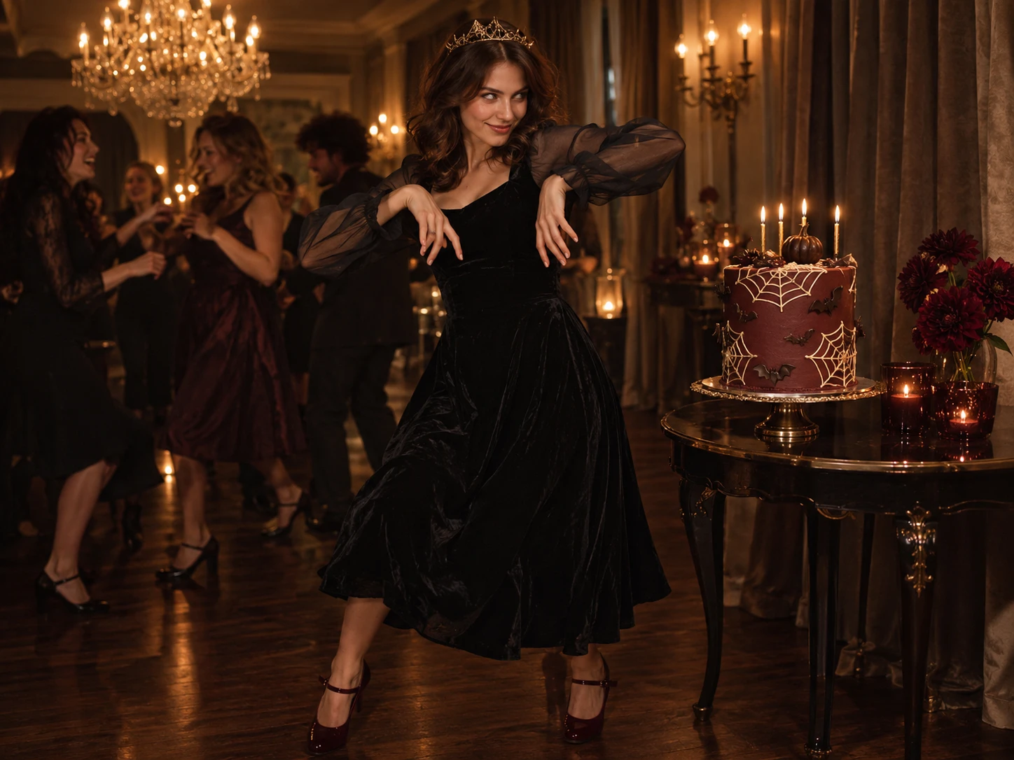 A woman in a black dress dancing at an elegant Halloween party.